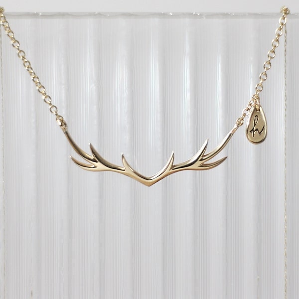 My Deer Antler Gold Minimal Necklace, 9ct / 18ct, Initial Tag, 9k Teardrop Charm, 18k Dainty Reindeer Pendant, Summer Necklace, Wedding