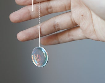 Iridescent Silver Threader Circle Earrings, 925 Sterling Silver, Holographic Jewellery, Luna Full Moon Drop Earrings, Mother's Day Gift