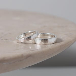 Brushed Hammered Ring, 5mm or 3mm, Custom Engraving, Sterling Silver Wedding Band, His and Hers 2pc Wedding Rings Sets, Handmade