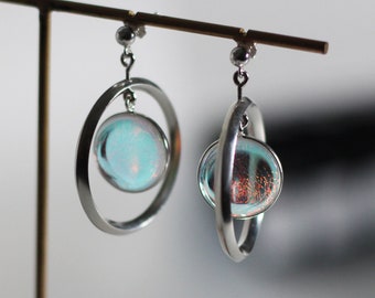 Iridescent Pendant Silver Earrings, 925 Sterling Silver Dangle Earrings, Luna Saturn Drop Earrings - Lagoon, Spinner Summer Earrings