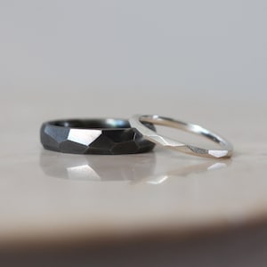 Geometric Faceted Ring, 5mm 2mm 1mm, Oxidised 925 Sterling Silver, Custom Engraving, Couple Rings, Handmade His and Hers Wedding Band