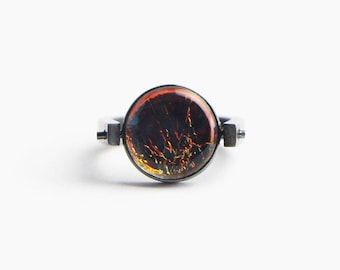 Iridescent Red Moon Silver Ring, 925 Sterling Silver Oxidised, Black Goth Ring, Blood Moon Statement Ring, Cosmic, Galaxy, Circle Spinner