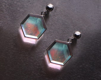 Iridescent Hexagon Silver Earrings, 925 Sterling Silver, Holographic Snowflake, Luna Hexagon Drop Earrings - Lagoon, Summer Earrings