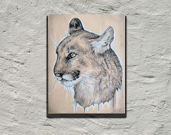May include: A black and white drawing of a cougar's head on a beige background with blue paint splatters.
