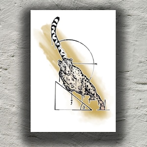 May include: A black and white line drawing of a cheetah with a geometric background. The cheetah is drawn in a stylized way, with its body contorted into a dynamic pose. The background is a simple geometric design, with a circle and a triangle.