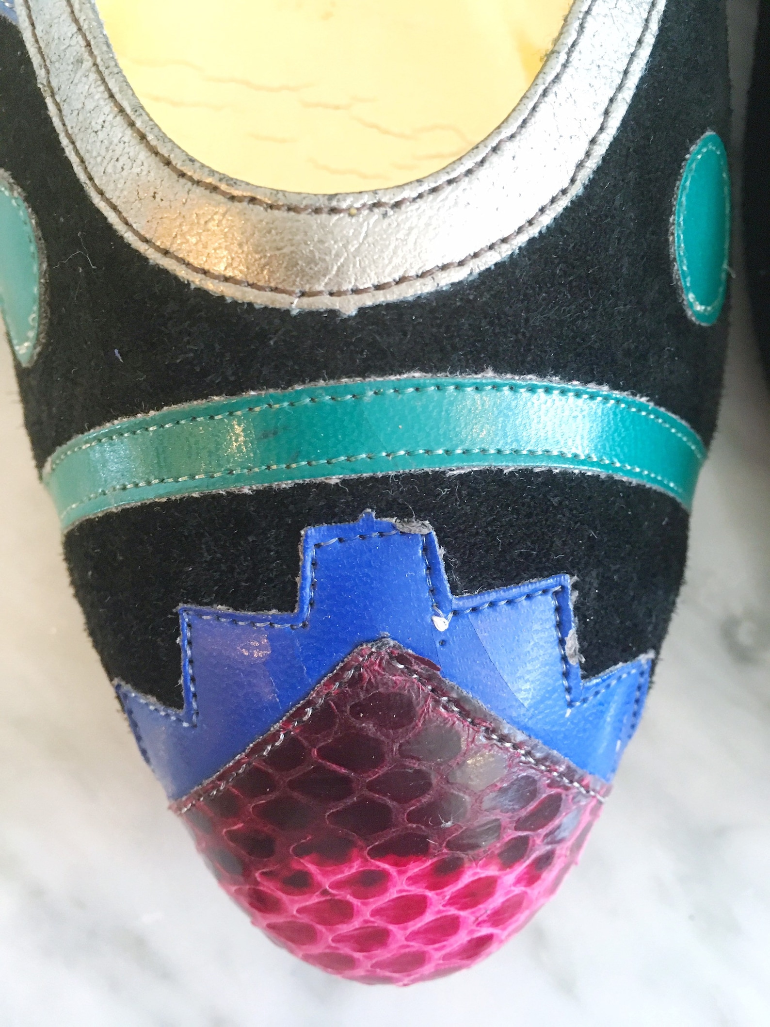 vintage 1980's colorful ballet flats// size 8-1/2 color block slide on shoes//
