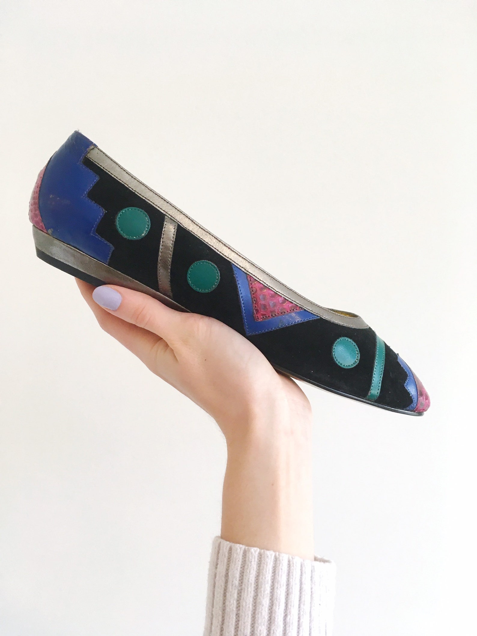 vintage 1980's colorful ballet flats// size 8-1/2 color block slide on shoes//