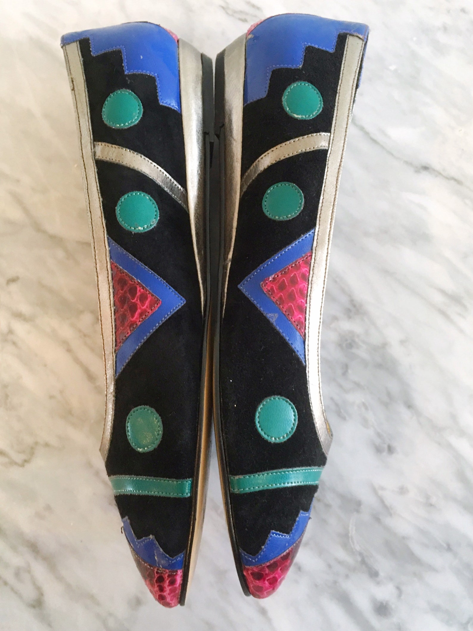 vintage 1980's colorful ballet flats// size 8-1/2 color block slide on shoes//