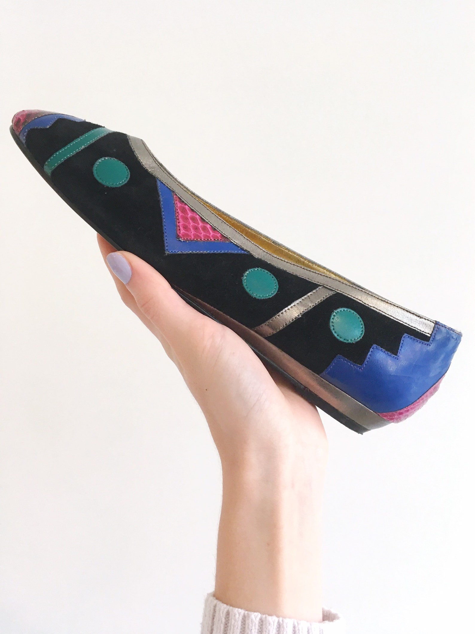 vintage 1980's colorful ballet flats// size 8-1/2 color block slide on shoes//