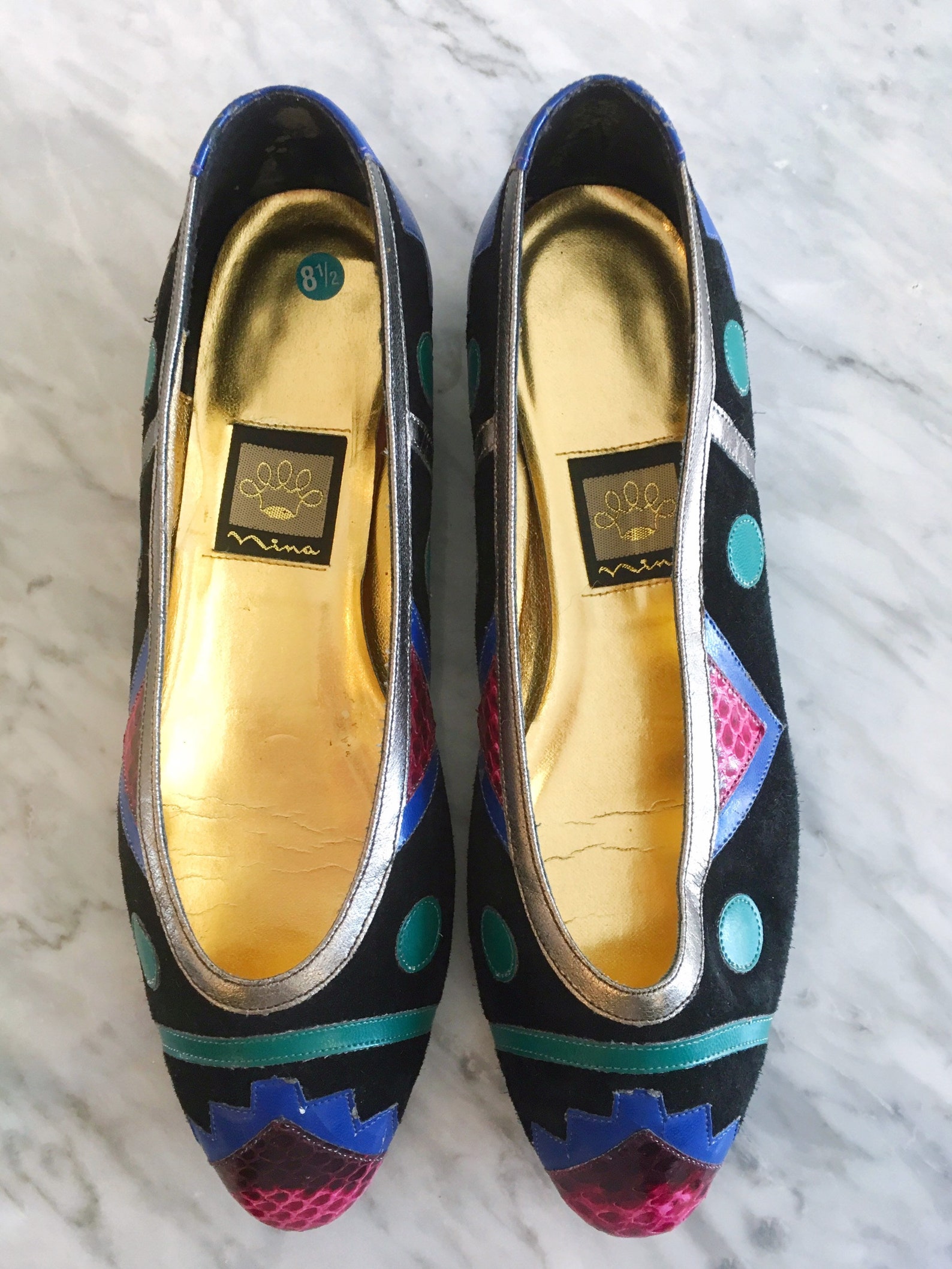 vintage 1980's colorful ballet flats// size 8-1/2 color block slide on shoes//