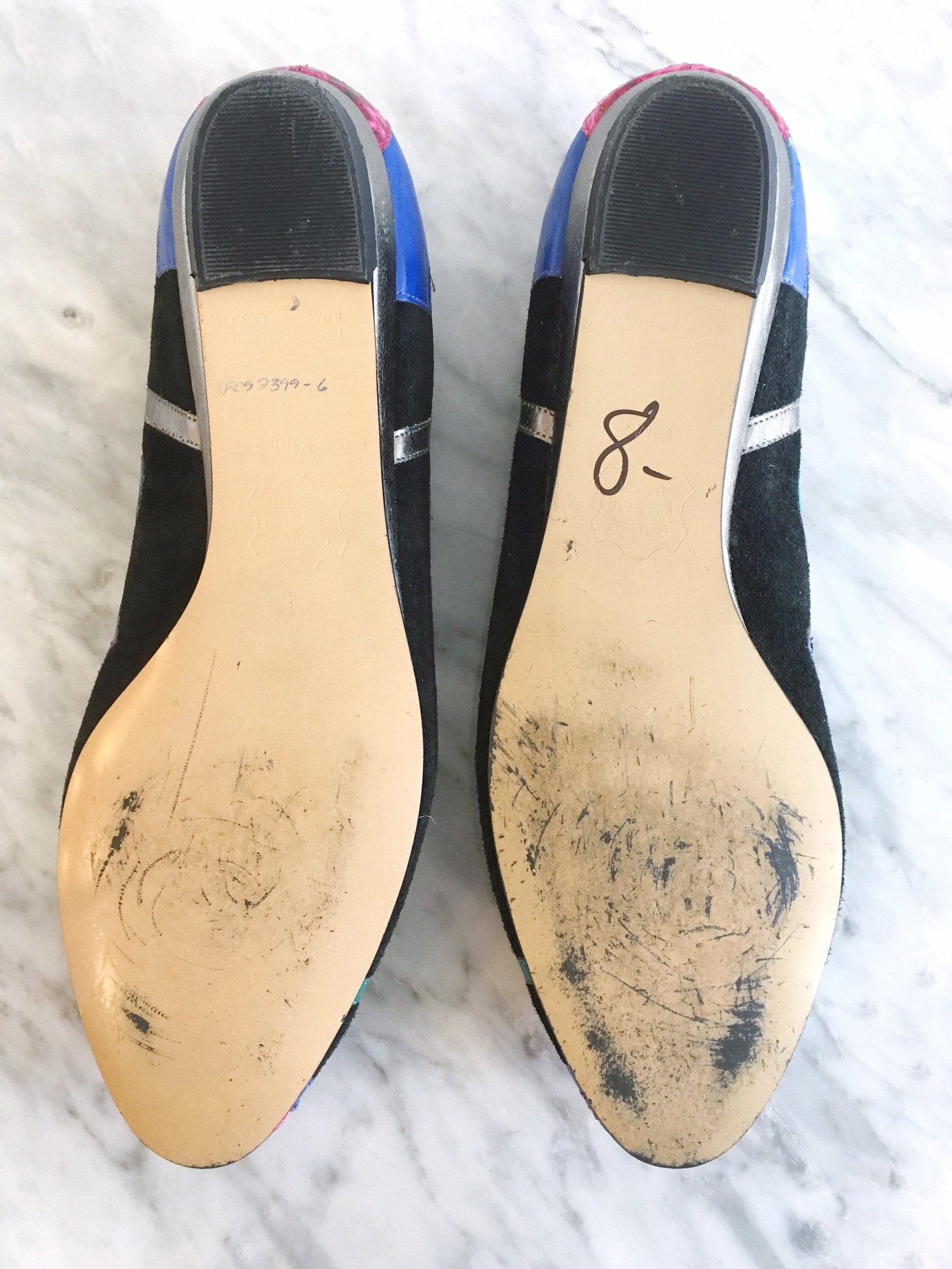 vintage 1980's colorful ballet flats// size 8-1/2 color block slide on shoes//