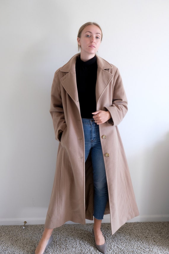 1980s Long Tan Pea Coat// Vintage Beige Full Lengt