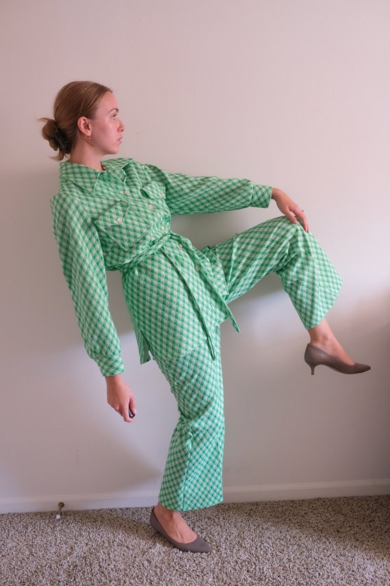 1970s Green and White Double Knit Disco Set// Vint