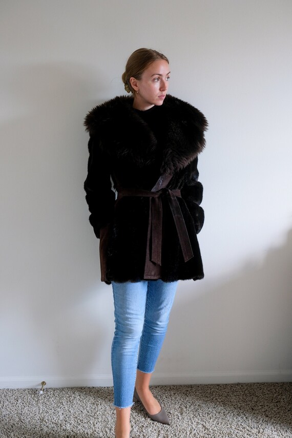 1980s Leather Coat with Large Faux Fur Collar// Vi