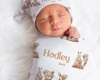 Personalized Woodland Animal Baby Name Custom Swaddle Gift Idea For Baby Girl, Newborn Baby Woodland Animal Swaddle Blanket Photo Prop, Deer