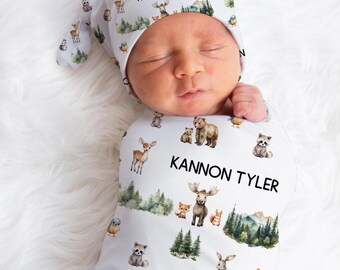 Personalized Woodland Animal Baby Name Custom Swaddle Gift Idea For Baby Boy, Newborn Baby Woodland Animal Swaddle Blanket Photo Prop, Deer