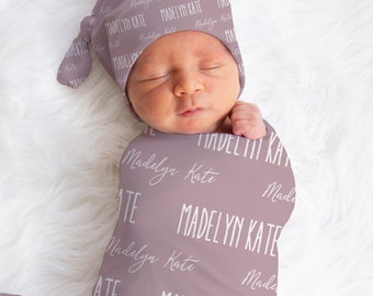 Personalized Baby Girl Custom Mauve Name Swaddle And Headband For Newborn Baby, Gender Neutral Mauve Newborn Baby Photo Prop, Baby Girl Gift