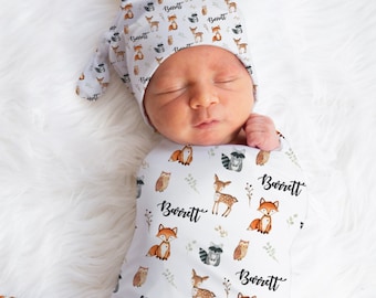 Personalized Woodland Animal Baby Name Custom Swaddle Gift Idea For Baby Boy, Newborn Baby Woodland Animal Swaddle Blanket Photo Prop, Deer