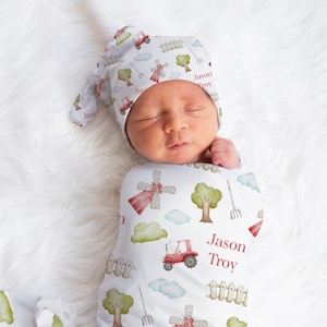 Personalized Farm Baby Name Custom Swaddle Gift Idea For Baby Boy, Newborn Baby Farm Swaddle Blanket Photo Prop, Red Tractor Baby Swaddle
