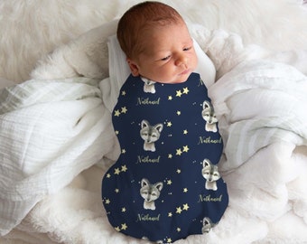 Personalized Night Wolf Baby Custom Name Swaddle Blanket Gift Idea, Wolf Name Baby Swaddle For Baby Boy, Baby Wolf And Star Swaddle Newborn