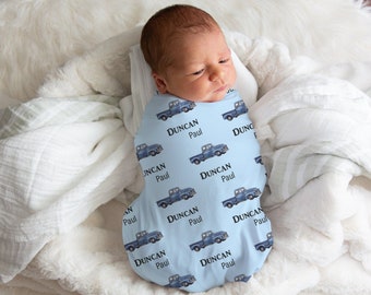 Personalized Old Vintage Truck Blue Baby Name Custom Swaddle Gift Idea For Baby Boy, Newborn Boy Vintage Truck Swaddle Blanket Photo Prop