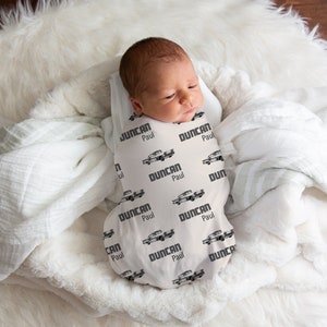 Personalized Old Vintage Car Cream And Black Baby Name Custom Swaddle Gift Idea For Baby Boy, Newborn Boy Vintage Car Swaddle Blanket Photo