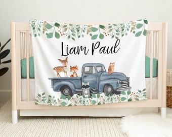 Custom Woodland Animal Baby Blanket, Name Baby Blanket, Forest Animal In Truck Baby Gift, Minky Baby, Blanket, Woodland, Baby Boy, Boy, Wild