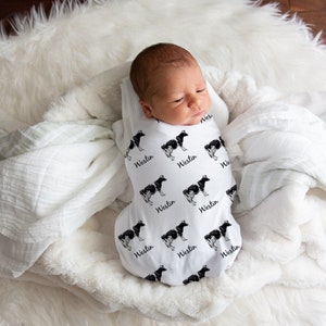 Personalized Black And White Cow Baby Name Custom Swaddle Gift Idea For Baby Boy, Newborn Baby Cattle Swaddle Blanket Photo Prop, Neutral