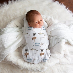 Personalized Gone Fishing Baby Boy Fisherman Swaddle Blanket Gift Idea, Fishing Baby Swaddle For Baby Boy, Baby Fish And Rod Swaddle Newborn