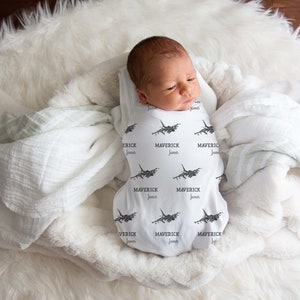 Personalized Jet Plane Baby Boy Name Custom Swaddle Gift Idea For Baby Boy, Baby Gray Jet Plane Name Swaddle Blanket Photo Prop, Newborn Boy