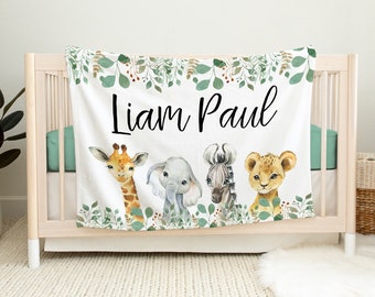 Custom Safari Baby Blanket With Name, Jungle Animal Baby Name Blanket, Personalized Animal Baby Gift, Boy Animal Gift Idea, Boy Baby Shower