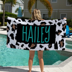 Personalized Teal Leopard Print Name Beach Towel, Girls Beach Towel Gift Idea, Mothers Day Gift, Summer Gift, Beach Idea, Child Name Towel