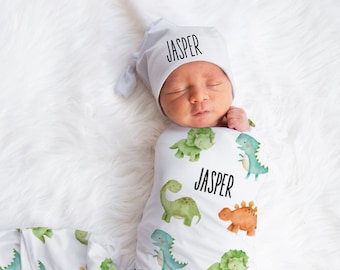 Personalized Dinosaur Baby Name Custom Swaddle Gift Idea For Baby Boy, Newborn Baby Dinosaur Swaddle Blanket Photo Prop, Dino Gift For Baby