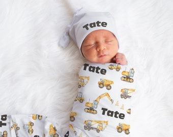 Personalized Construction Work Baby Name Custom Swaddle Gift Idea For Baby Boy, Newborn Baby Construction Zone Swaddle Blanket Photo Prop