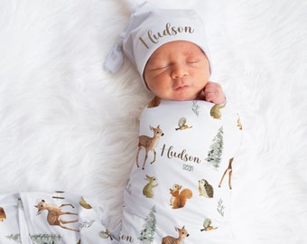 Personalized Woodland Animal Baby Name Custom Swaddle Gift Idea For Baby Boy, Newborn Baby Woodland Animal Swaddle Blanket Photo Prop, Deer