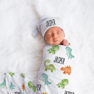 Personalized Dinosaur Baby Name Custom Swaddle Gift Idea For Baby Boy, Newborn Baby Dinosaur Swaddle Blanket Photo Prop, Dino Gift For Baby
