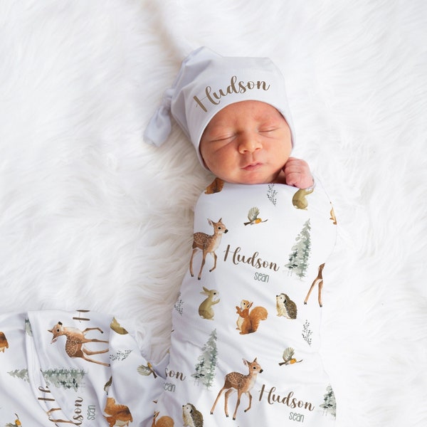 Personalized Woodland Animal Baby Name Custom Swaddle Gift Idea For Baby Boy, Newborn Baby Woodland Animal Swaddle Blanket Photo Prop, Deer