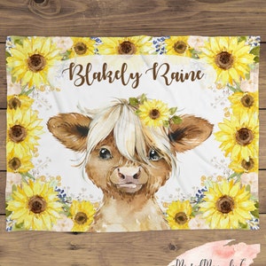 Highland Cow Fall Floral Personalized Baby Girl Name Blanket, Sunflower Baby Blanket, Cow Baby Gift, Farm Baby, Cow Blanket, Blanket Girl