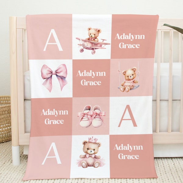 Custom Girl Teddy Bear Blanket, Personalized Princess Teddy Bear Baby Blanket, Name Baby Blanket, Baby Girl Gift, Customized Baby Girl Gift