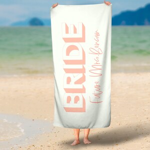 Personalized Bride Name Beach Towel, Bridal Party Gift Idea, Summer Wedding, Maid of Honor, Bridesmaid Idea, Wife Towel, Her Marriage Gift