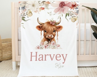 Floral Highland Cow Personalized Baby Girl Blanket, Baby Blanket, Name Baby Blanket, Baby Gift, Highland Cow Blanket, Blanket Girl, Floral