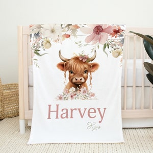 Floral Highland Cow Personalized Baby Girl Blanket, Baby Blanket, Name Baby Blanket, Baby Gift, Highland Cow Blanket, Blanket Girl, Floral