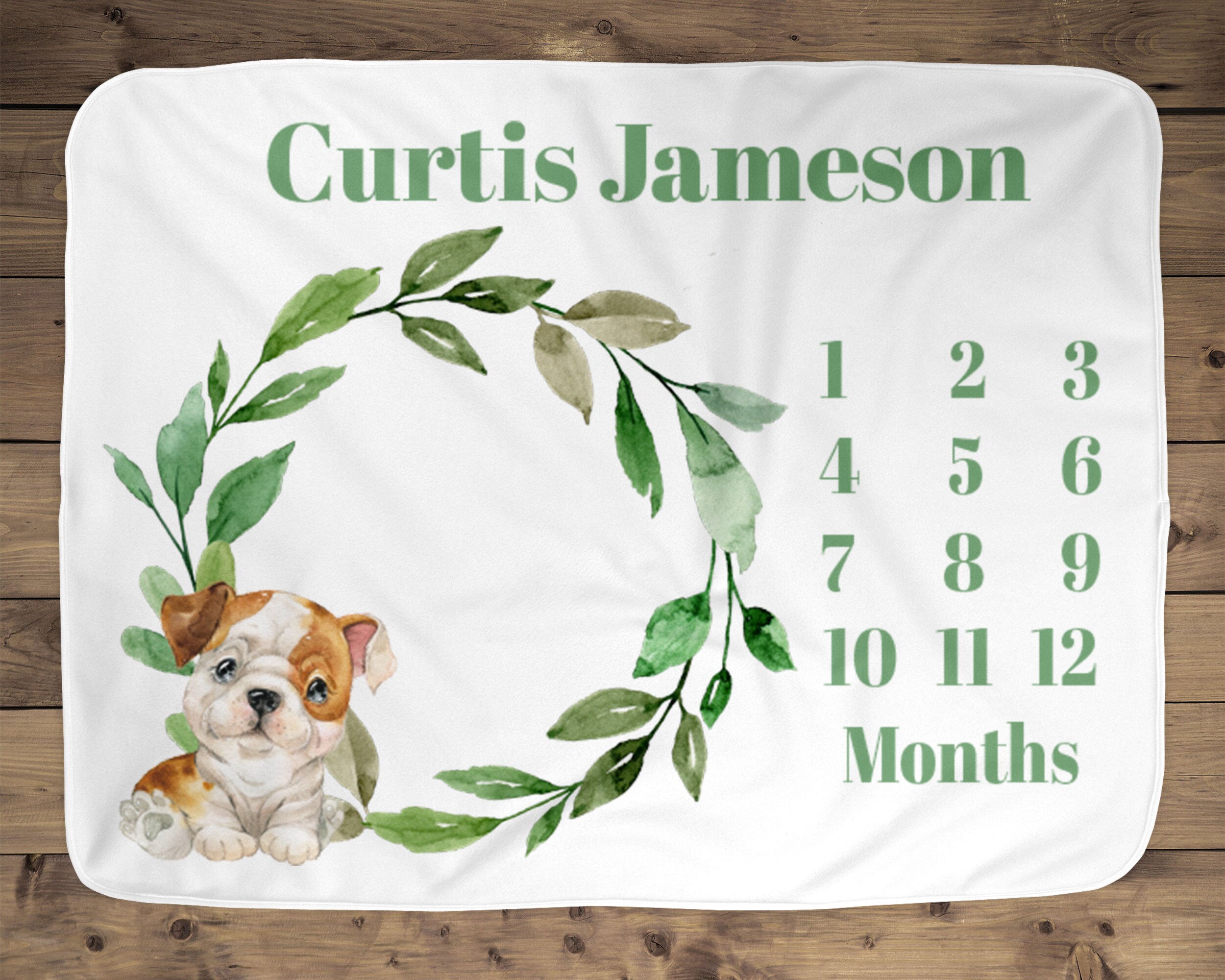 Personalized Baby Bull Dog Puppy Milestone Age Blanket Photo Prop