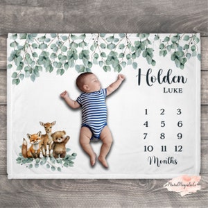 Personalized Woodland Animal Baby Name Custom Age Milestone Blanket Gift Idea For Monthly Pictures, Twelve Months Forest Animal Photo Prop