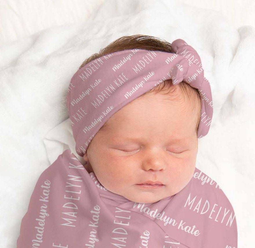 Personalized Baby Girl Custom Pink Name Swaddle and Headband Etsy