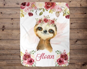 Sloth Personalized Blanket, Baby Blanket, Name Baby Blanket, Girl Baby Gift, Floral, Swaddle Blanket, Blanket Girl, Girl Sloth, Pink, Minky