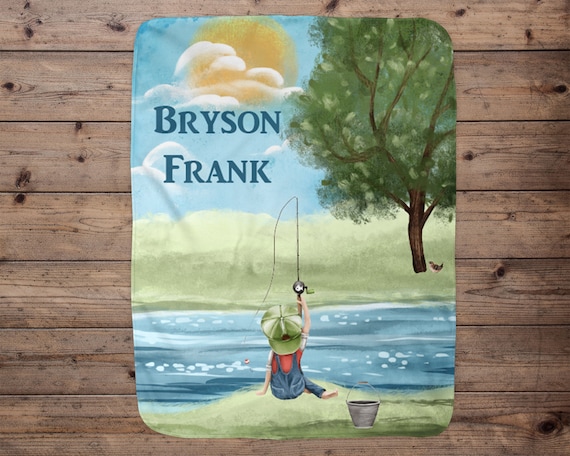 Personalized Kid Fishing by the River Blanket Custom Name Blanket