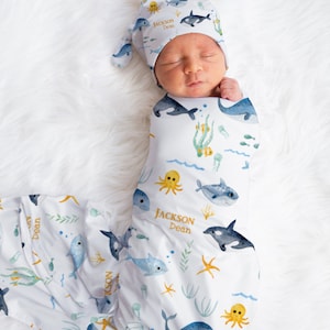 Customized Under The Sea Baby Boy Fish Swaddle Blanket Gift Idea, Ocean Animal Baby Swaddle For Baby Boy, Newborn Baby Fish Name Swaddle