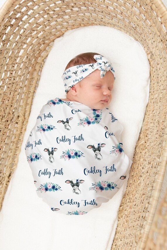 Personalized Cow Baby Name Custom Swaddle Gift Idea for Baby Girl