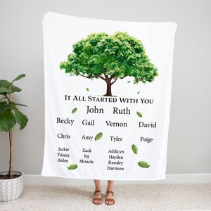 May include: A white blanket with a green tree design and the text "It all started with you" with names listed below the tree.